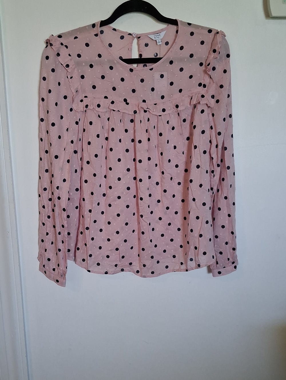 crown & ivy Pink Polka Dot Ruffle Blouse
